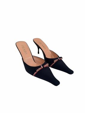 Prada Vintage Navy Satin Bow Mules Heels Pointed Toe Kitten Heel Slides